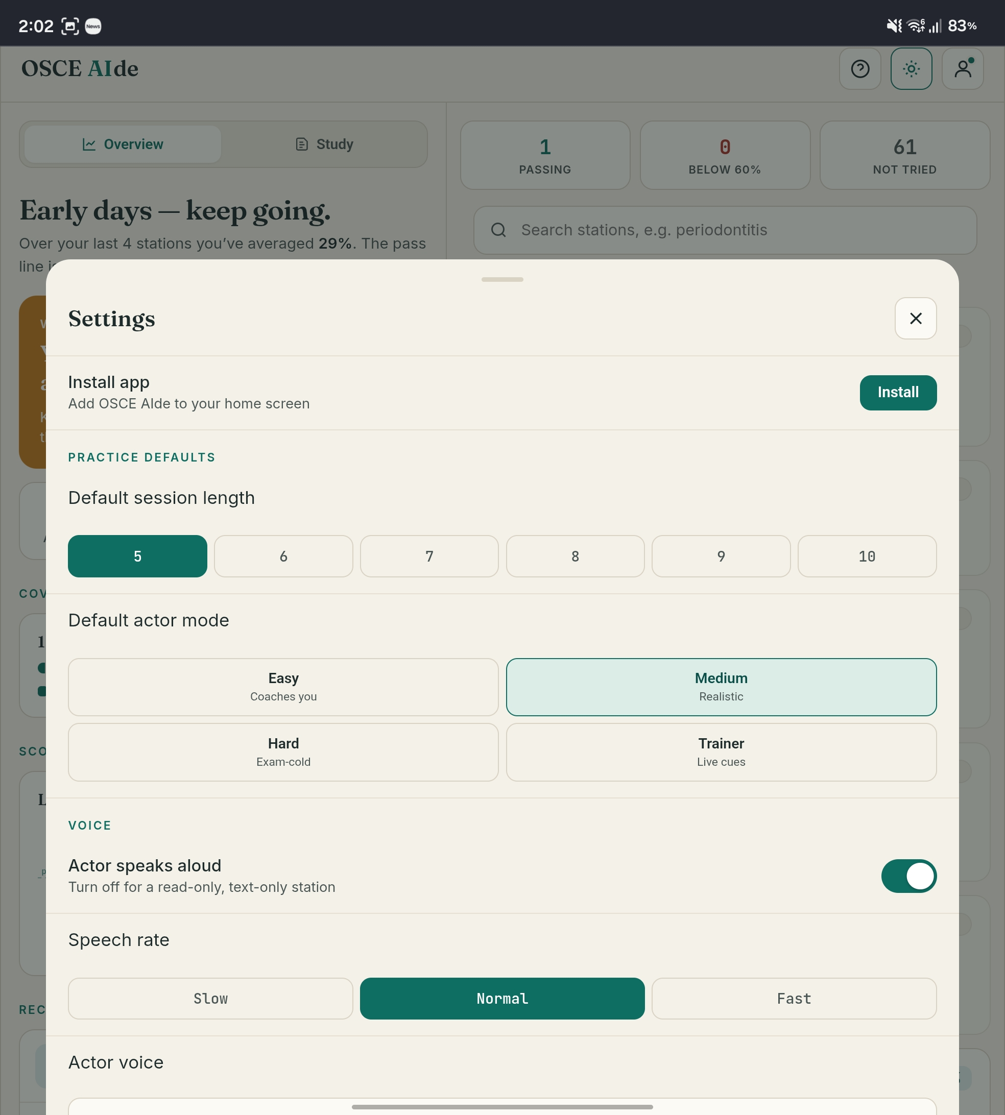 Settings — themes, voice and install